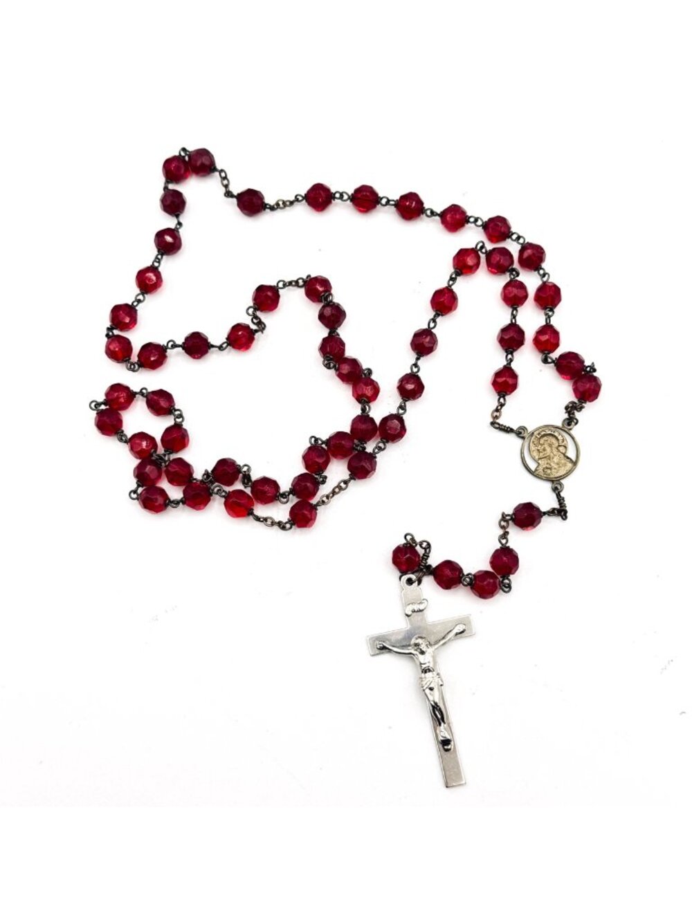 VTG Ruby Red Glass Bead Rosary Faceted Hand-linked 5 Decades Madonna & Child 20"